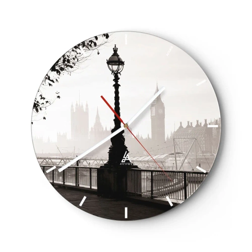 Wall clock - Clock on glass - A lighthouse on the Thames with the London skyline in the background - 30x30cm - London Morning - Modern wall decoration for the living room, kitchen, and bedroom ARTTOR