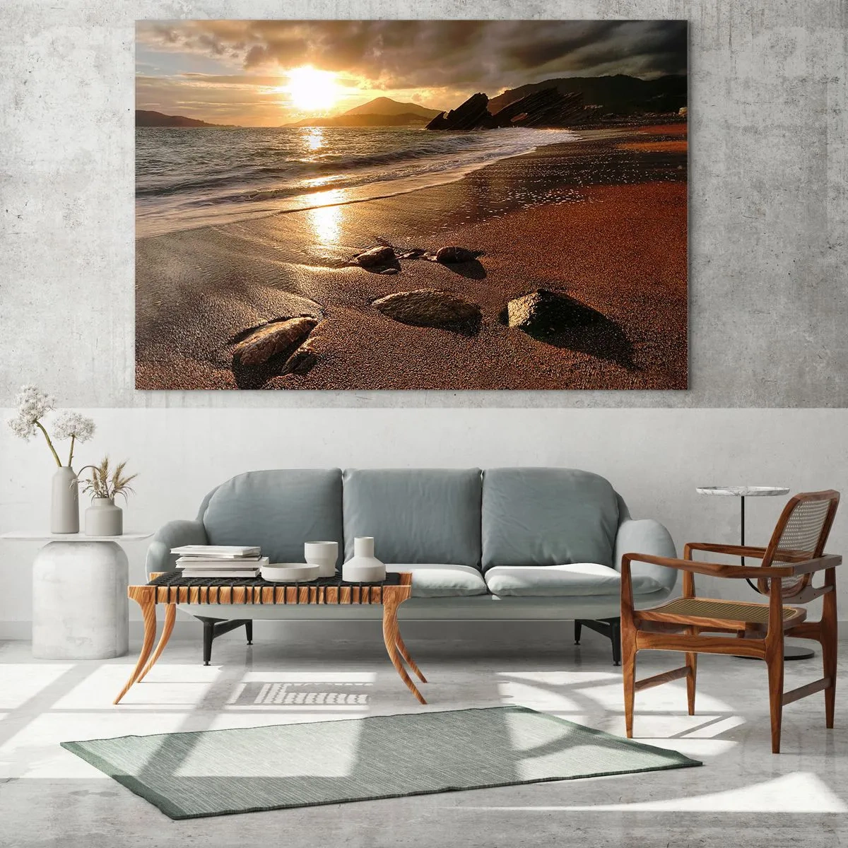 Glass picture - Sunset over a rocky beach and hills - 70x50cm - Follow the Sun towards Hills - Modern wall decoration for the living room and bedroom ARTTOR