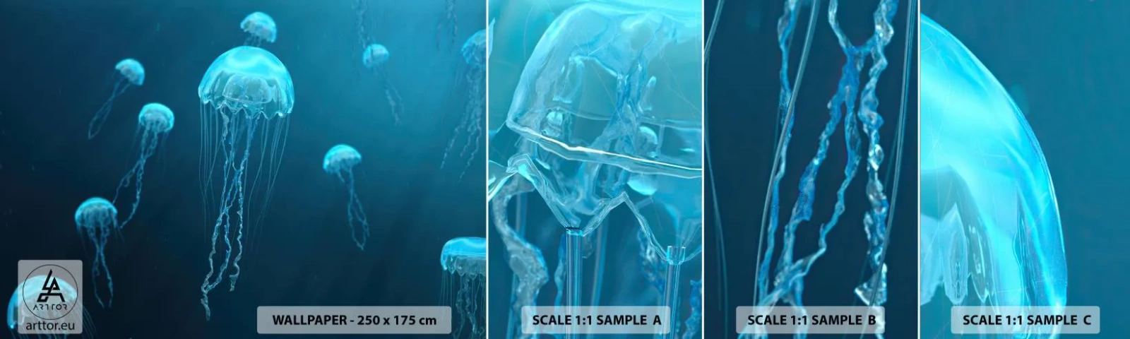 Photo Wallpaper Sample Self-Adhesive Deluxe Sticker - Ocean Dance - Jellyfish, Ocean, Water - 100x30 cm