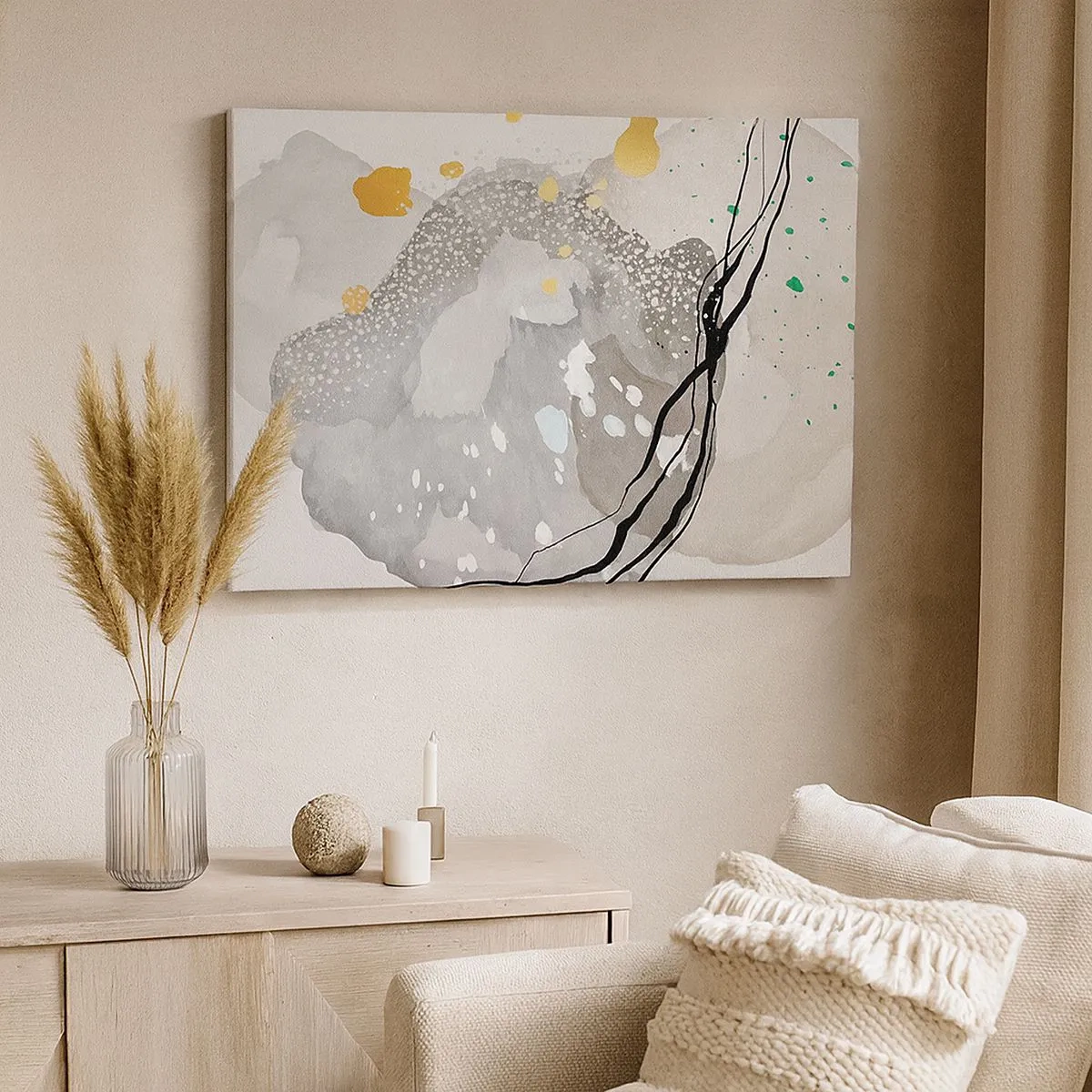 Canvas picture - Organic shapes in shades of gray with accents of black and gold - 70x50cm - Organic Composition - Modern wall decoration for the living room and bedroom ARTTOR