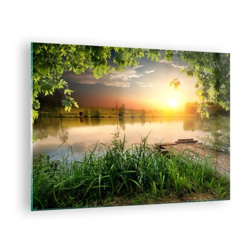 Glass picture - Landscape with a lake surrounded by greenery at sunset - 70x50cm - Landscape in a Green Frame - Modern wall decoration for the living room and bedroom ARTTOR