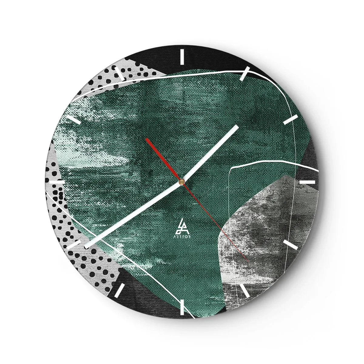 Wall clock - Clock on glass - Green and black abstract composition with graphic accents - 30x30cm - Colourful Abstract with a Golden Petal - Modern wall decoration for the living room, kitchen, and bedroom ARTTOR
