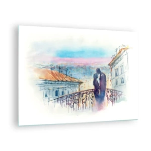 Glass picture - Couple on balcony enjoying romantic sunset - 70x50cm - Parisian Lovers - Modern wall decoration for the living room and bedroom ARTTOR