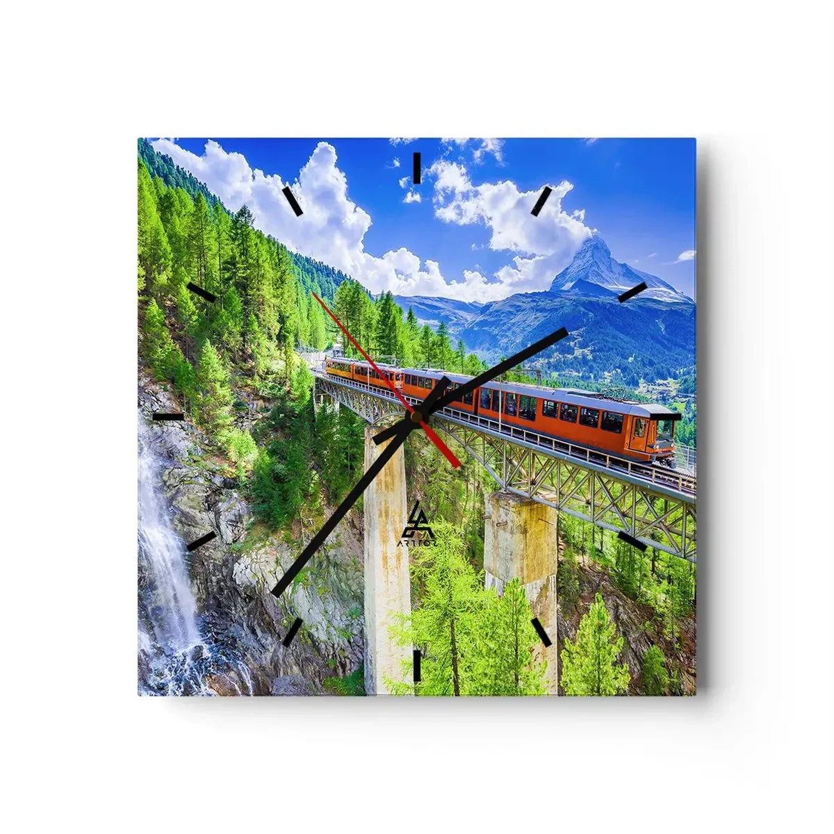 Wall clock - Clock on glass - Train Through the Alps - 40x40 cm