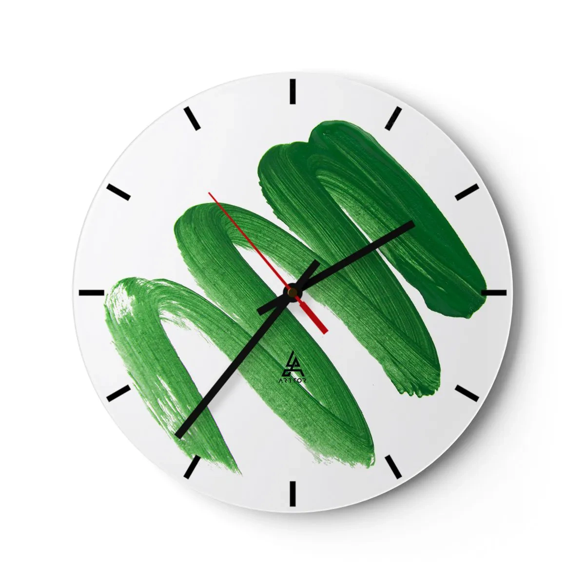 Wall clock - Clock on glass - Green brush strokes on a white background - 30x30cm - Green Joke - Modern wall decoration for the living room, kitchen, and bedroom ARTTOR