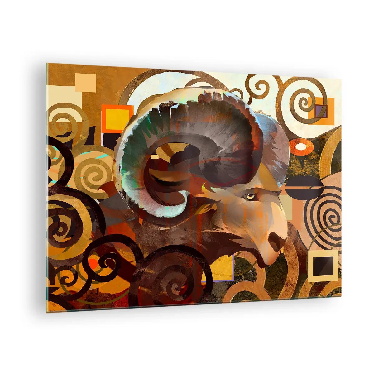 Glass picture - An artistic image of a ram in a geometric and spiral composition. - 70x50cm - Magic - Religions - Rituals - Modern wall decoration for the living room and bedroom ARTTOR
