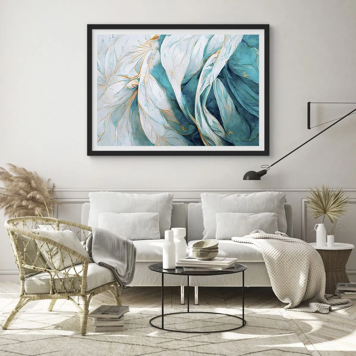 Poster in black frame - Blue Abstract with a Golden Motif - 70x50 cm