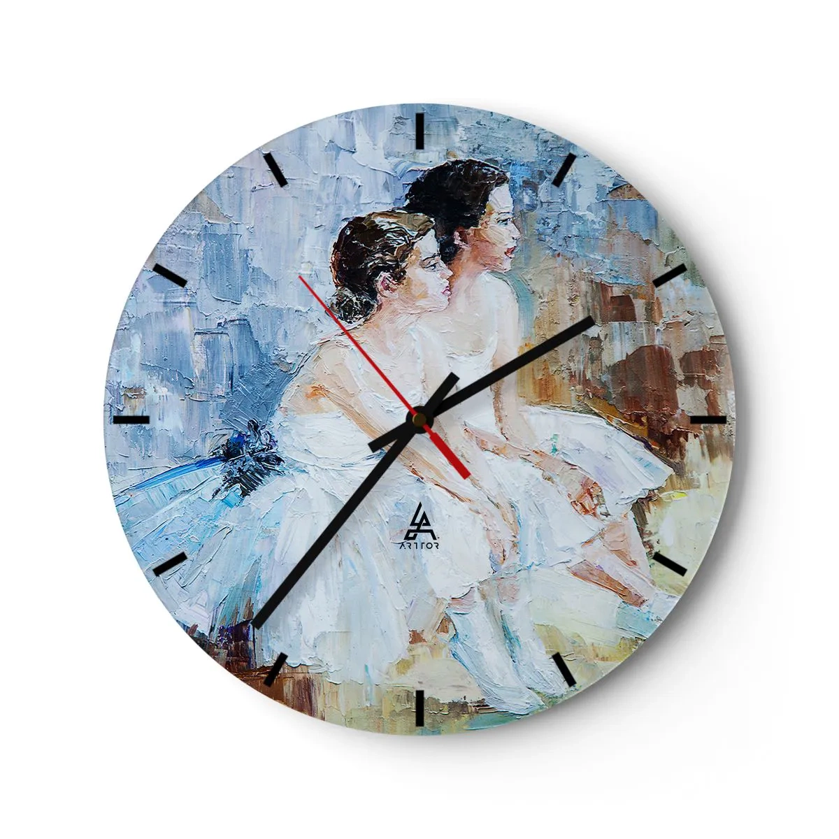Wall clock - Clock on glass - A painting of two ballerinas at rest, done in pastel colors. - 30x30cm - Young Swans Resting - Modern wall decoration for the living room, kitchen, and bedroom ARTTOR