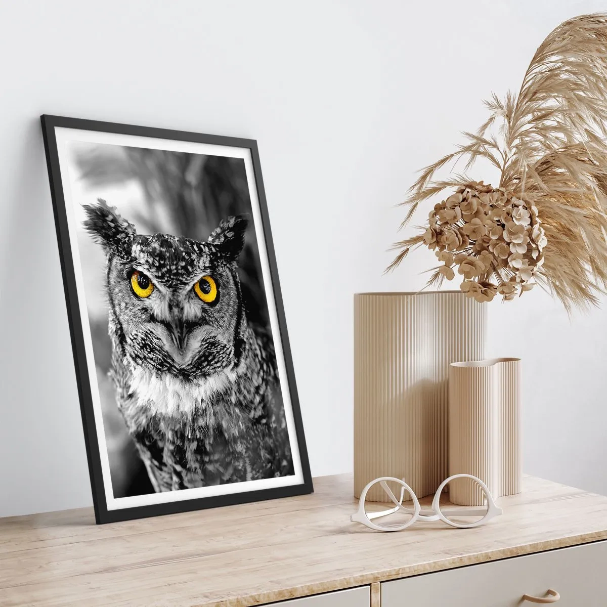Poster in black frame - An owl with yellow eyes on a black and white background - 50x70cm - Nothing Can Hide - Modern wall decoration for the living room and bedroom ARTTOR