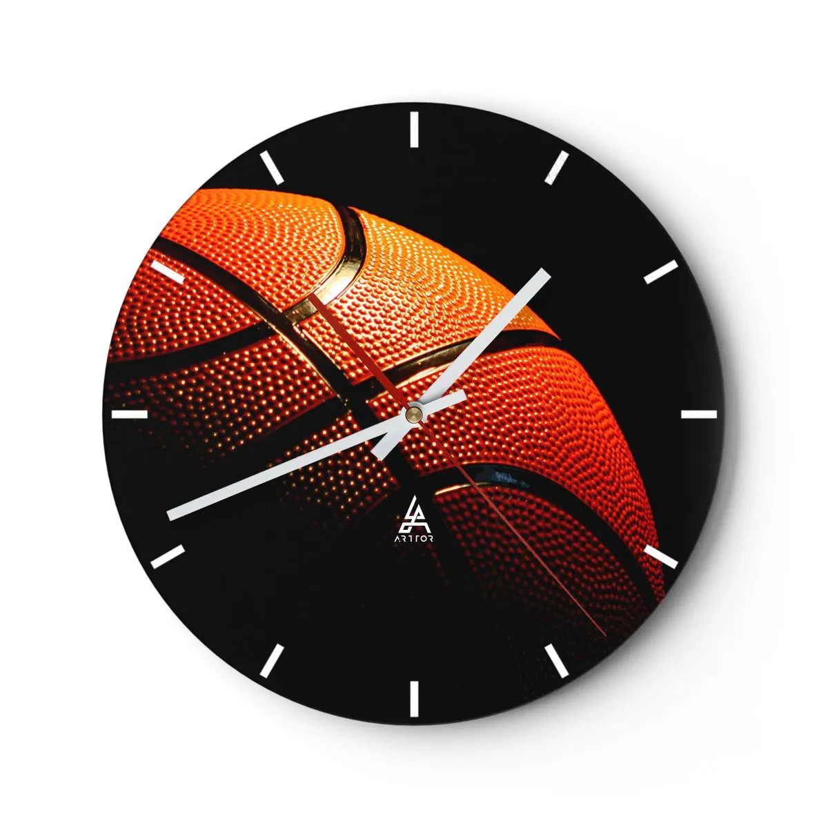 Wall clock - Clock on glass - Basketball on a dark background - 30x30cm - Beautiful Like a Planet - Modern wall decoration for the living room, kitchen, and bedroom ARTTOR