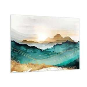 Glass picture - A gold and turquoise mountain landscape in a watercolor style. - 70x50cm - On the Verge of Abstract - Landscape - Modern wall decoration for the living room and bedroom ARTTOR