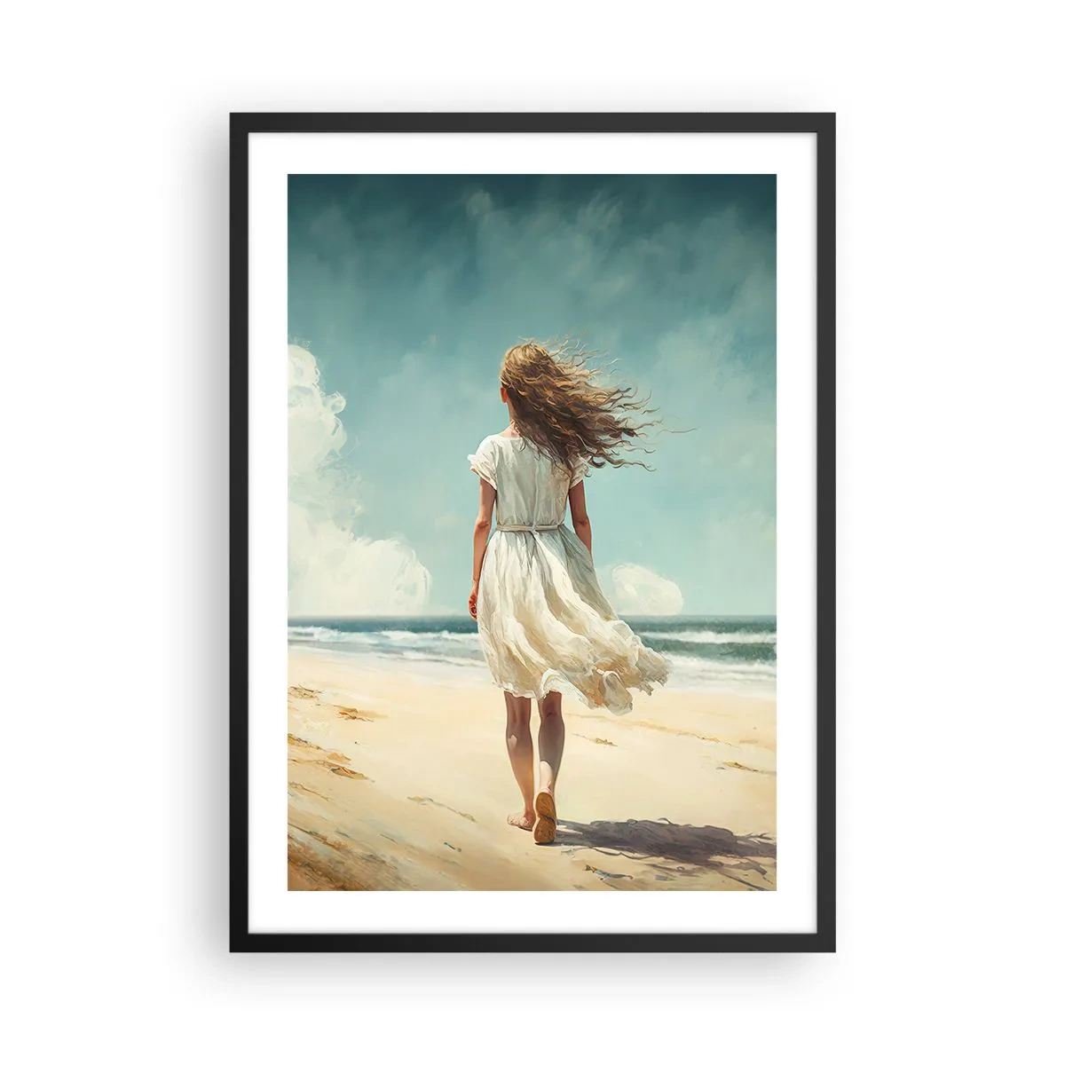 Poster in black frame - A woman in a white dress walking on the beach by the sea - 50x70cm - Meeting the Sun aand the Wind - Modern wall decoration for the living room and bedroom ARTTOR