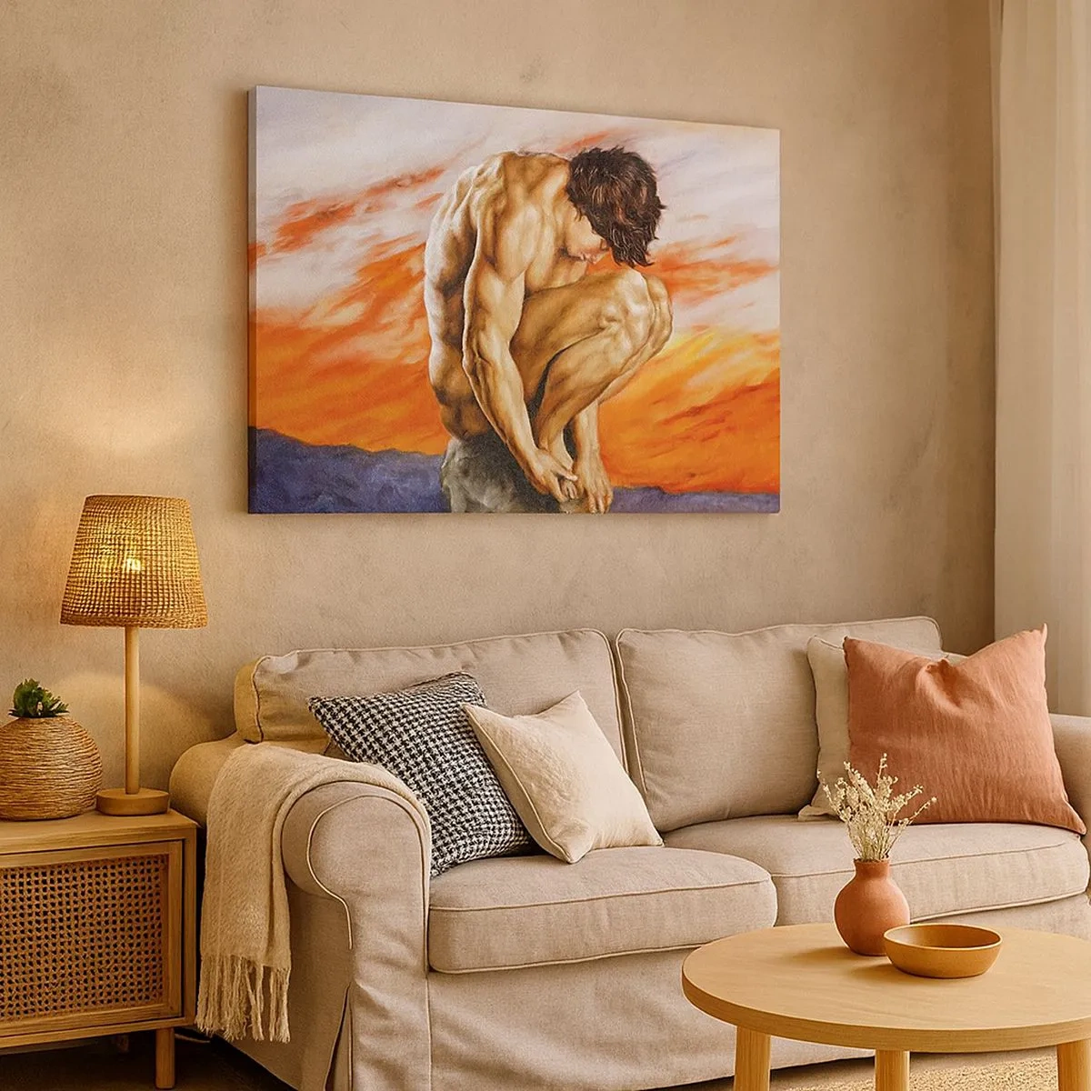 Canvas picture - A man lost in thought against the backdrop of a sunset - 70x50cm - Submerged in Himself - Modern wall decoration for the living room and bedroom ARTTOR