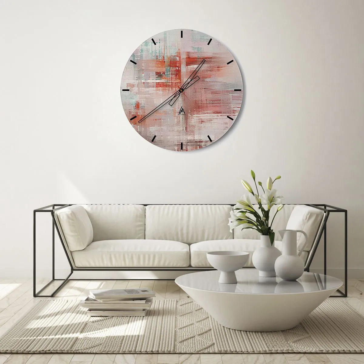 Wall clock - Clock on glass - An abstract composition of strokes in shades of pink and white. - 30x30cm - Foggy but Pink - Modern wall decoration for the living room, kitchen, and bedroom ARTTOR