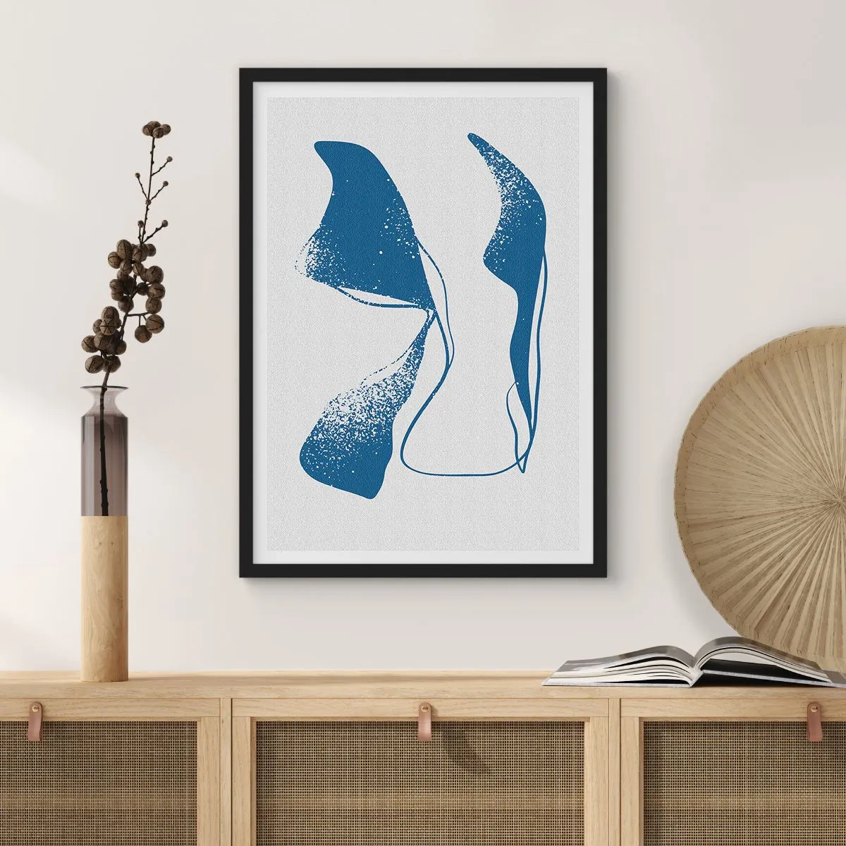 Poster in black frame - Abstract forms in shades of blue on a light background - 50x70cm - Abstract with Wings - Modern wall decoration for the living room and bedroom ARTTOR