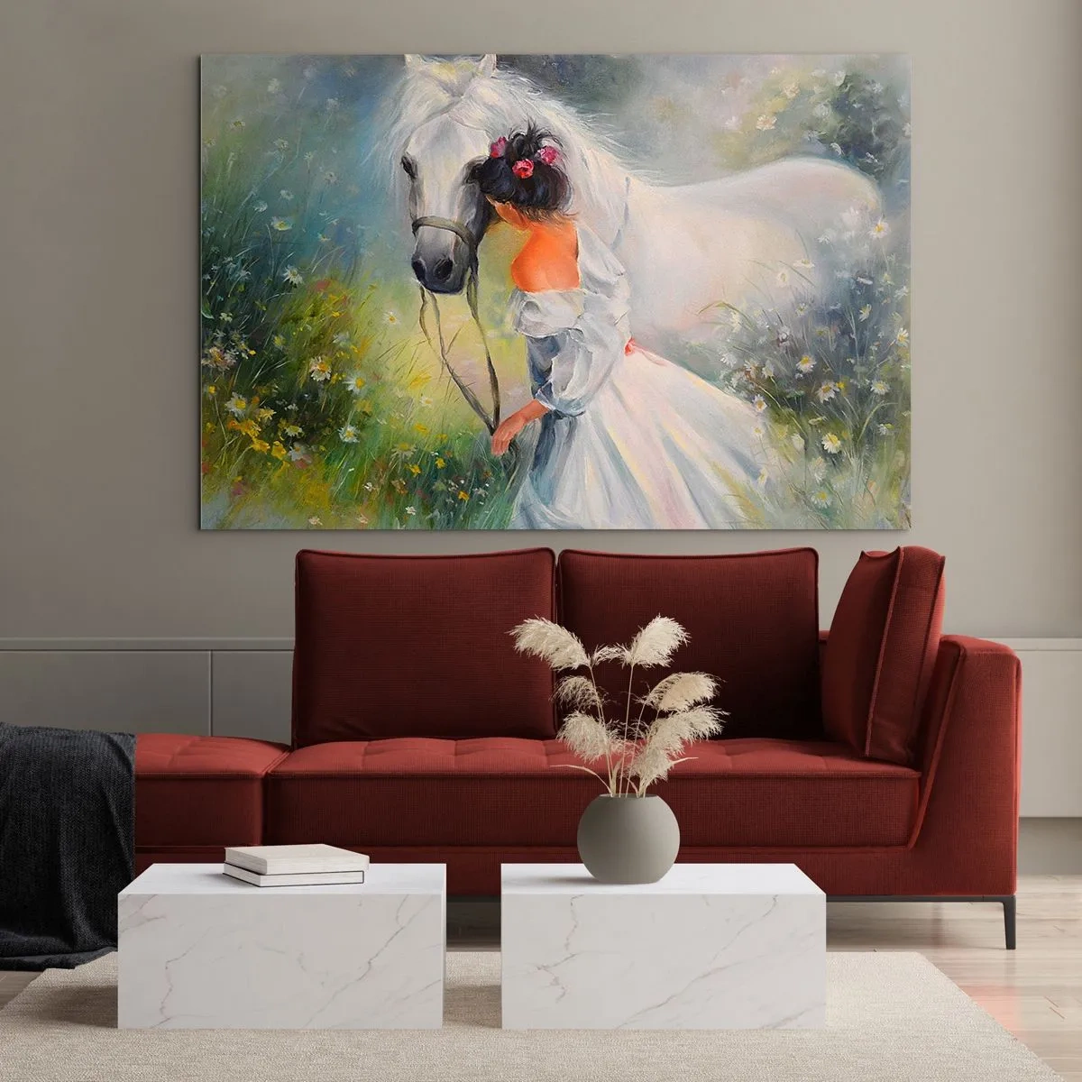 Glass picture - A woman in a white dress with a white horse in a meadow full of flowers. - 70x50cm - Like from a Beautiful Dream - Modern wall decoration for the living room and bedroom ARTTOR
