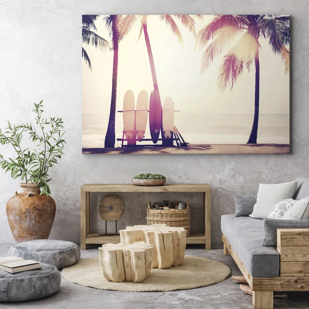 Canvas picture - Palm trees and surfboards on the beach in the sunshine - 70x50cm - It Will Be a Wonderful Day - Modern wall decoration for the living room and bedroom ARTTOR