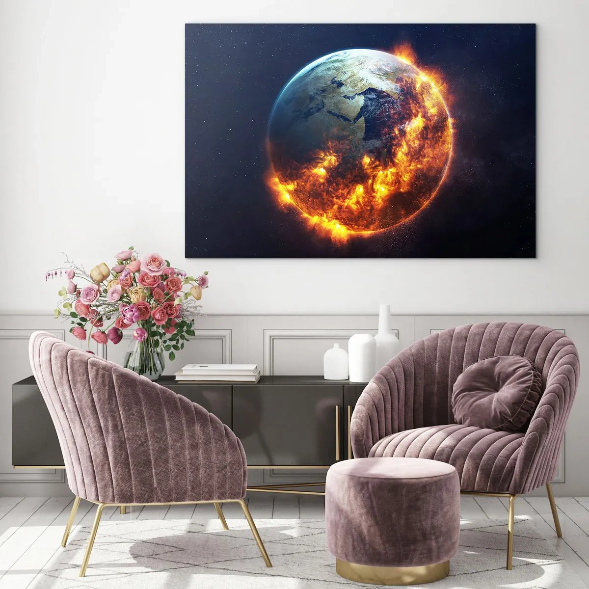 Glass picture - Earth surrounded by flames in outer space - 70x50cm - Flame of Apocalypse - Modern wall decoration for the living room and bedroom ARTTOR