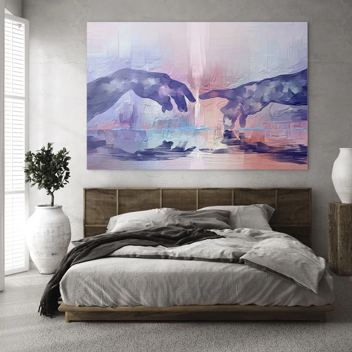 Glass picture - Abstract hands approaching each other against a pastel background. - 70x50cm - Godly Spark of Life - Modern wall decoration for the living room and bedroom ARTTOR