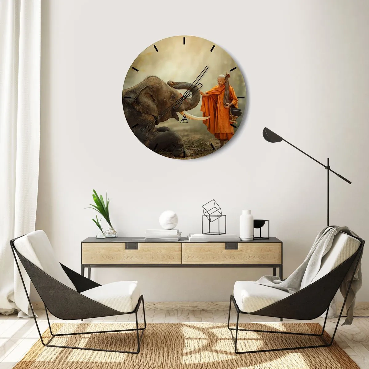 Wall clock - Clock on glass - A Buddhist monk and an elephant in a peaceful, natural setting - 30x30cm - Unexpected Meeting - Modern wall decoration for the living room, kitchen, and bedroom ARTTOR