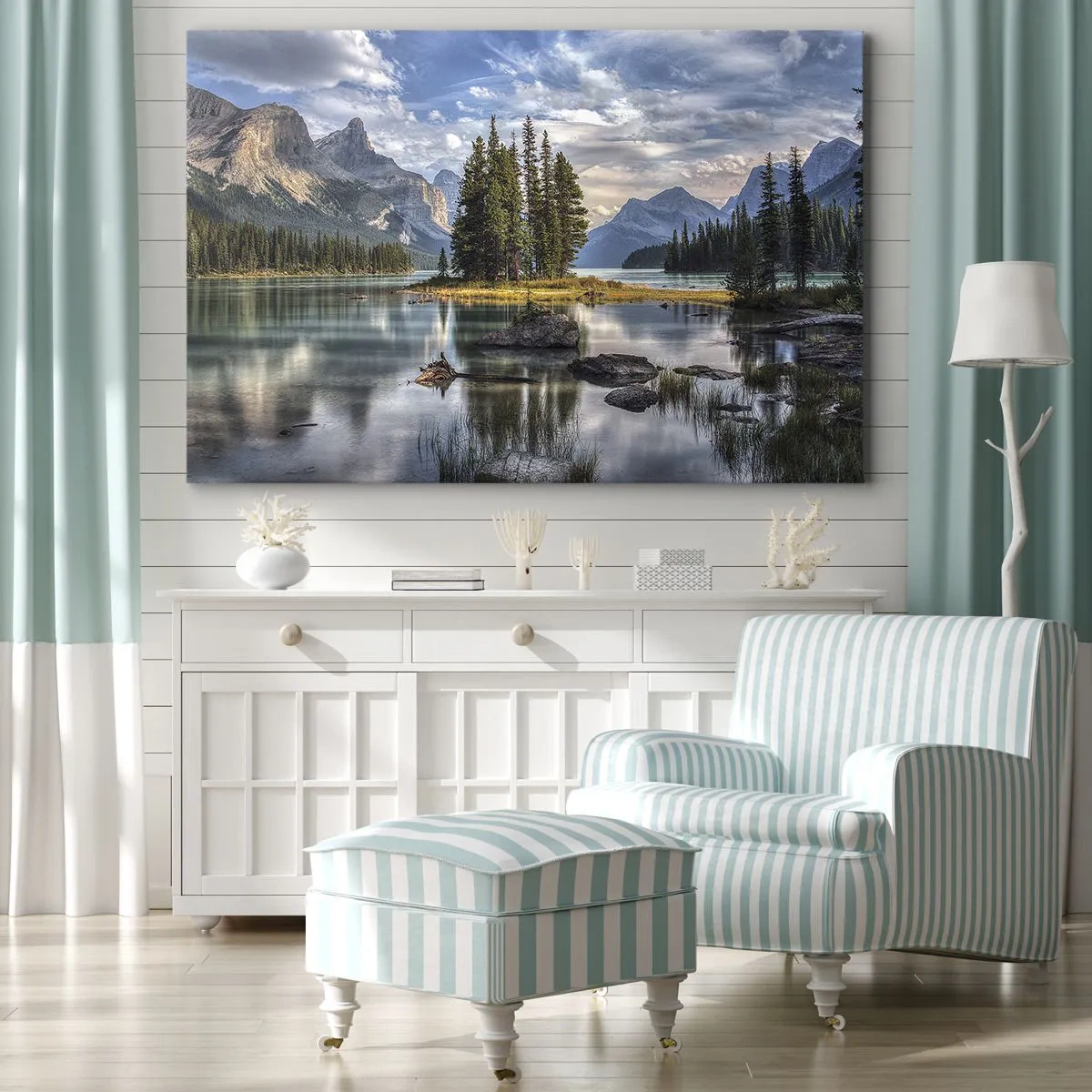 Canvas picture - A mountain landscape with an island surrounded by a calm lake - 70x50cm - By Big and Clear Waters - Modern wall decoration for the living room and bedroom ARTTOR