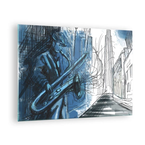 Glass picture - Jazz saxophonist in a blue-hued urban setting - 70x50cm - City Rhapsody - Modern wall decoration for the living room and bedroom ARTTOR
