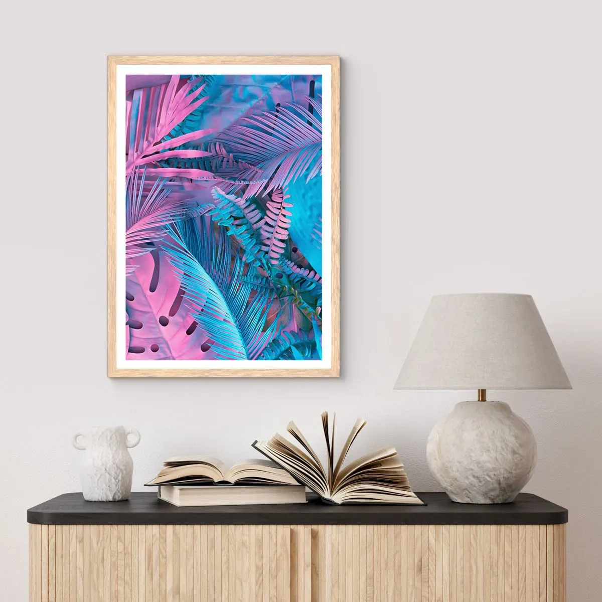 Poster in light oak frame - Tropics in Pink and Blue - 61x91 cm