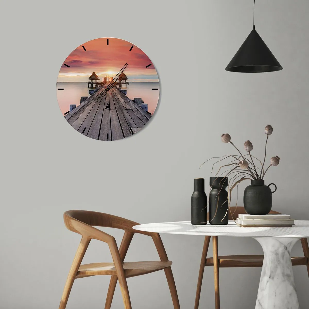 Wall clock - Clock on glass - Wooden pier leading to gazebos by the sea at sunset - 30x30cm - Sunset on the East - Modern wall decoration for the living room, kitchen, and bedroom ARTTOR