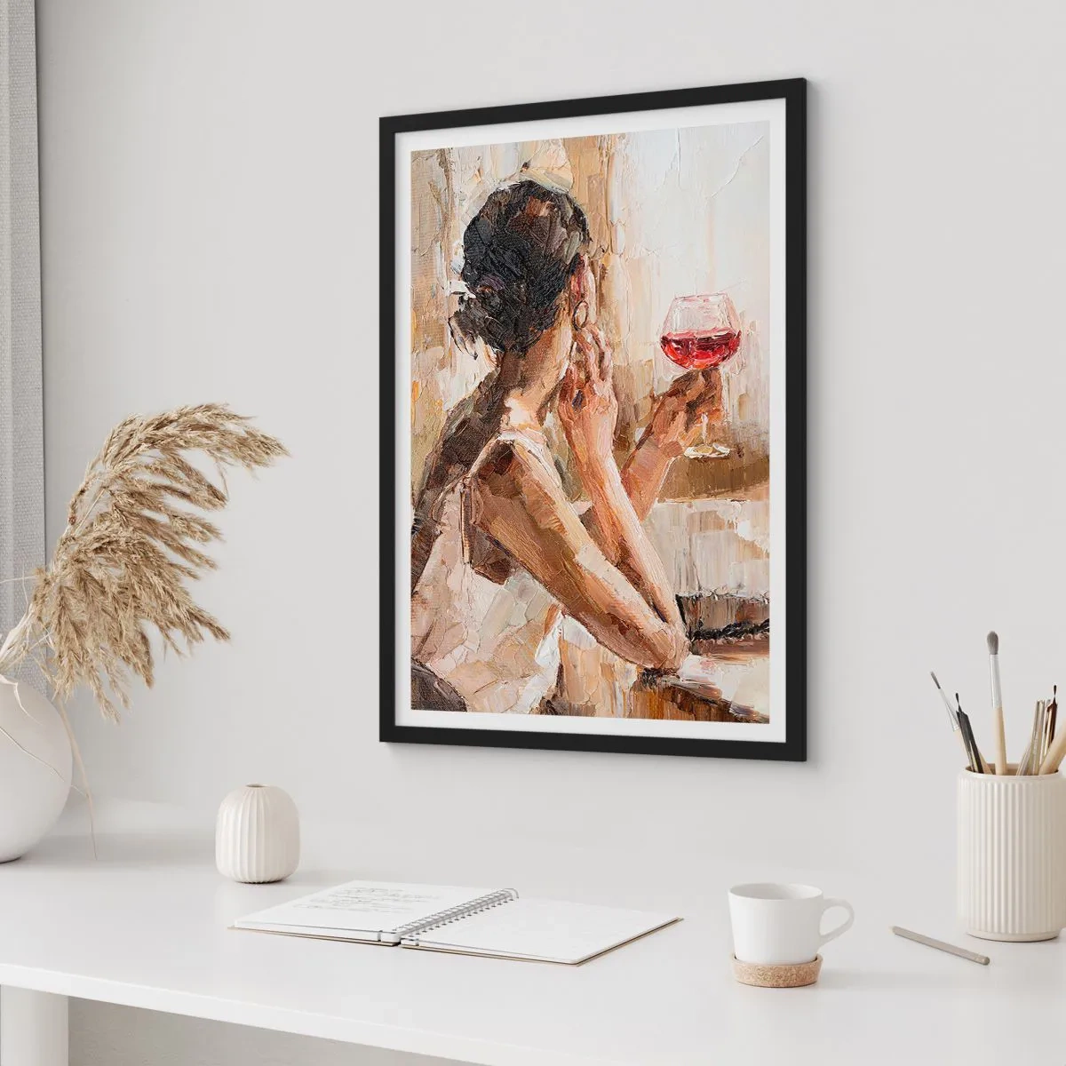 Poster in black frame - A woman holding a glass of wine, looking thoughtful - 50x70cm - Taste of a Good Moment - Modern wall decoration for the living room and bedroom ARTTOR