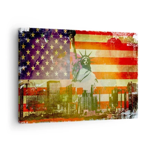 Canvas picture - The Statue of Liberty against the backdrop of the American flag and the city skyline - 70x50cm - Viva America! - Modern wall decoration for the living room and bedroom ARTTOR