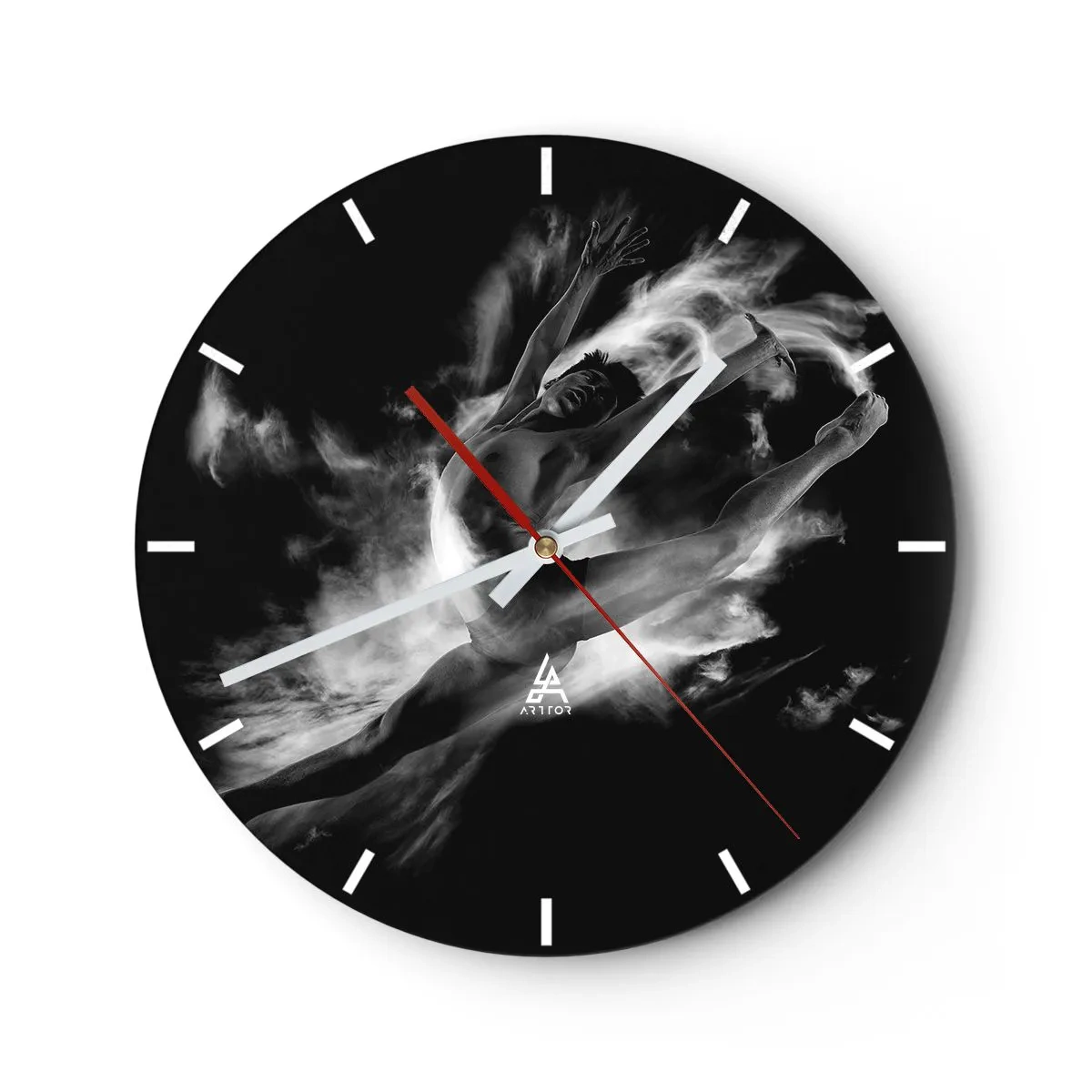 Wall clock - Clock on glass - Black and white dynamic dance in clouds of smoke - 30x30cm - Stopped i in Flight - Modern wall decoration for the living room, kitchen, and bedroom ARTTOR