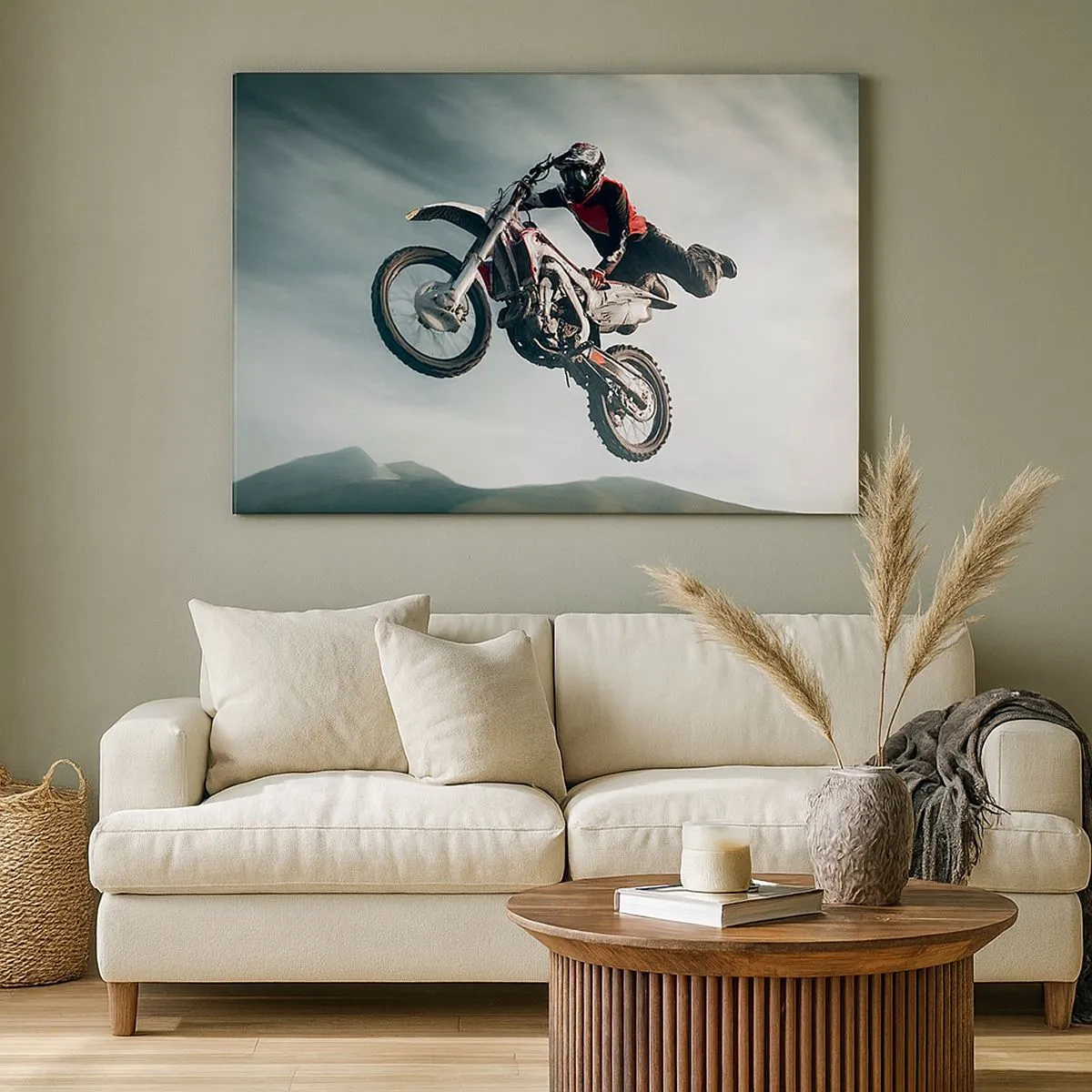 Canvas picture - Motorcyclist in the air during a jump - 70x50cm - No Risk, No Fun - Modern wall decoration for the living room and bedroom ARTTOR