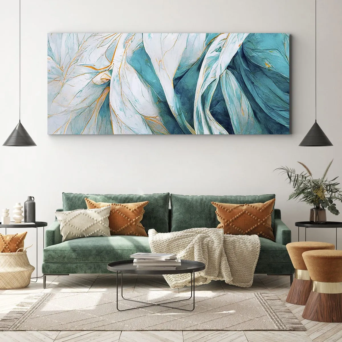 Canvas picture - Blue Abstract with a Golden Motif - 100x40 cm