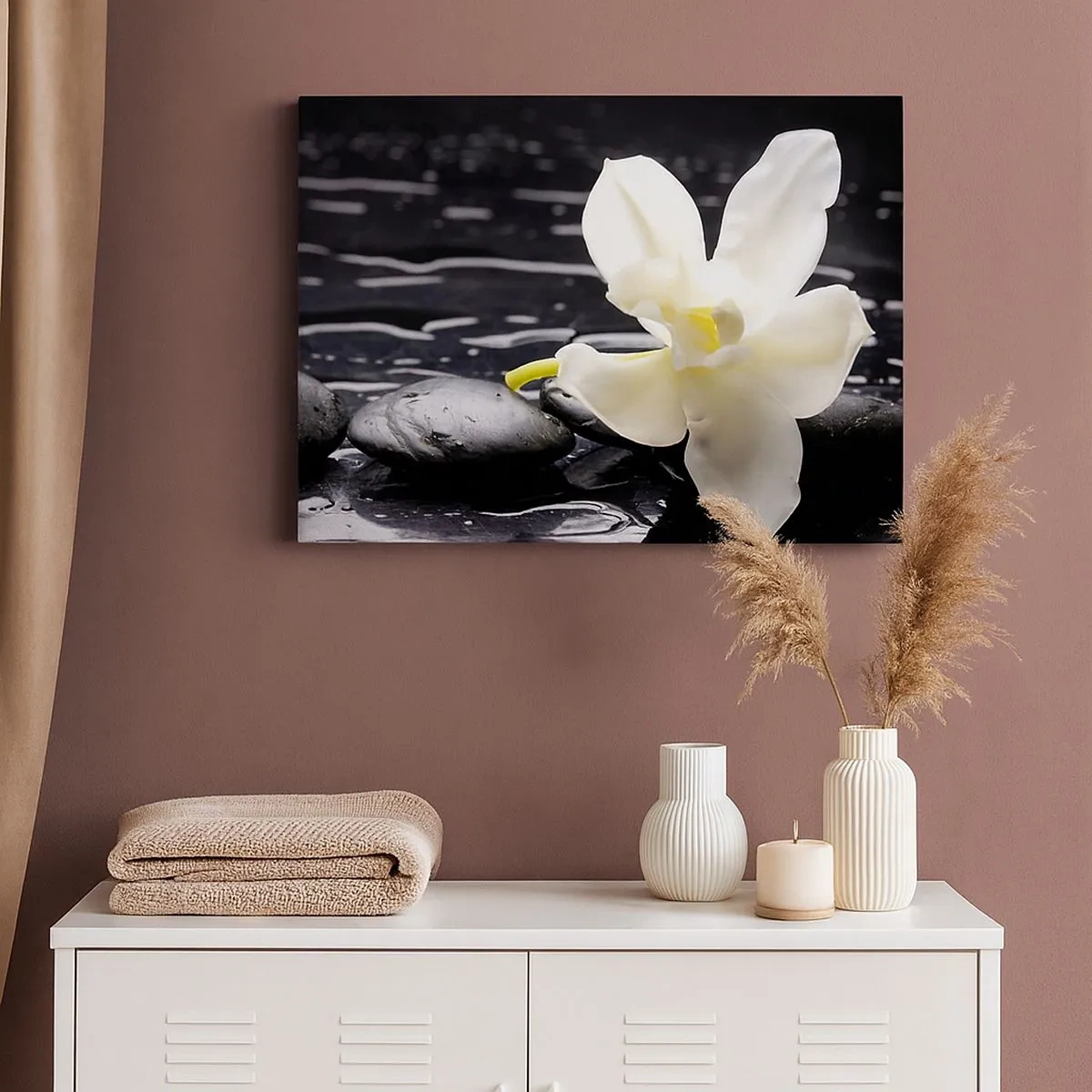 Canvas picture - A white orchid against a background of black stones and water. - 70x50cm - Study in Black and White - Modern wall decoration for the living room and bedroom ARTTOR