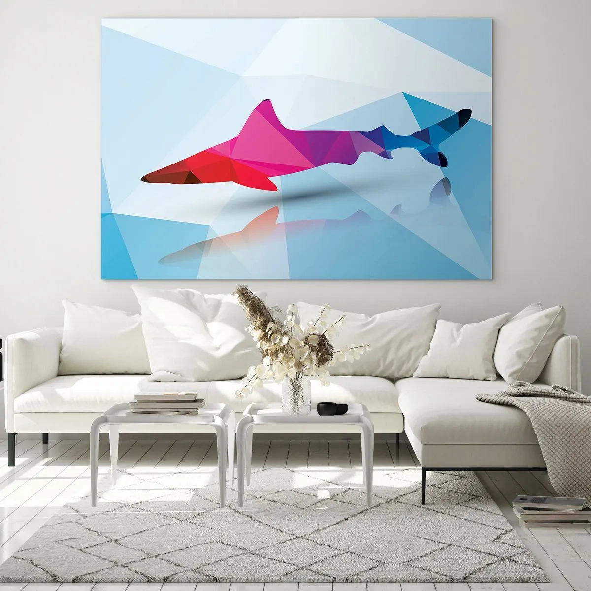 Glass picture - Geometric shark in shades of red and blue - 70x50cm - Shark in a Crystal Environment - Modern wall decoration for the living room and bedroom ARTTOR
