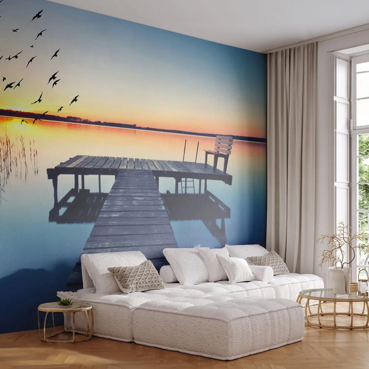 Photo Wallpaper Standard Eco - It Was a Good Day - Landscape, Lake, Wooden Bridge - 400x280 cm