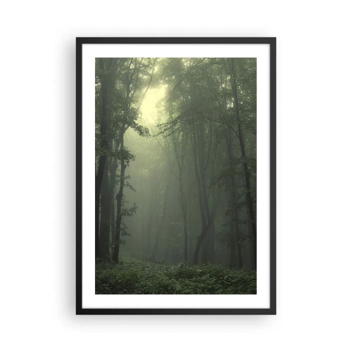 Poster in black frame - Foggy trees in a green forest - 50x70cm - Before It Wakes Up - Modern wall decoration for the living room and bedroom ARTTOR