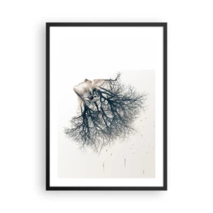 Poster in black frame - A woman's face with branches forming hair in a surreal style. - 50x70cm - Listening to the Whisper of the Trees - Modern wall decoration for the living room and bedroom ARTTOR