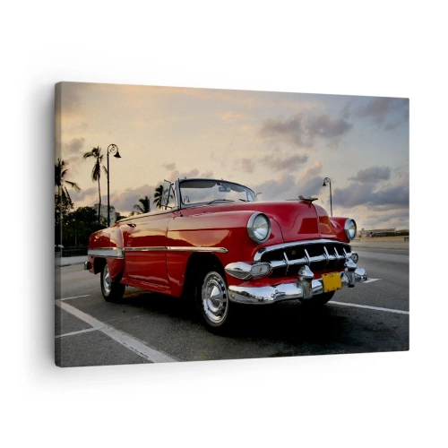 Canvas picture - A red classic convertible parked by palm trees at dusk. - 70x50cm - Red Heat of the Tropics - Modern wall decoration for the living room and bedroom ARTTOR