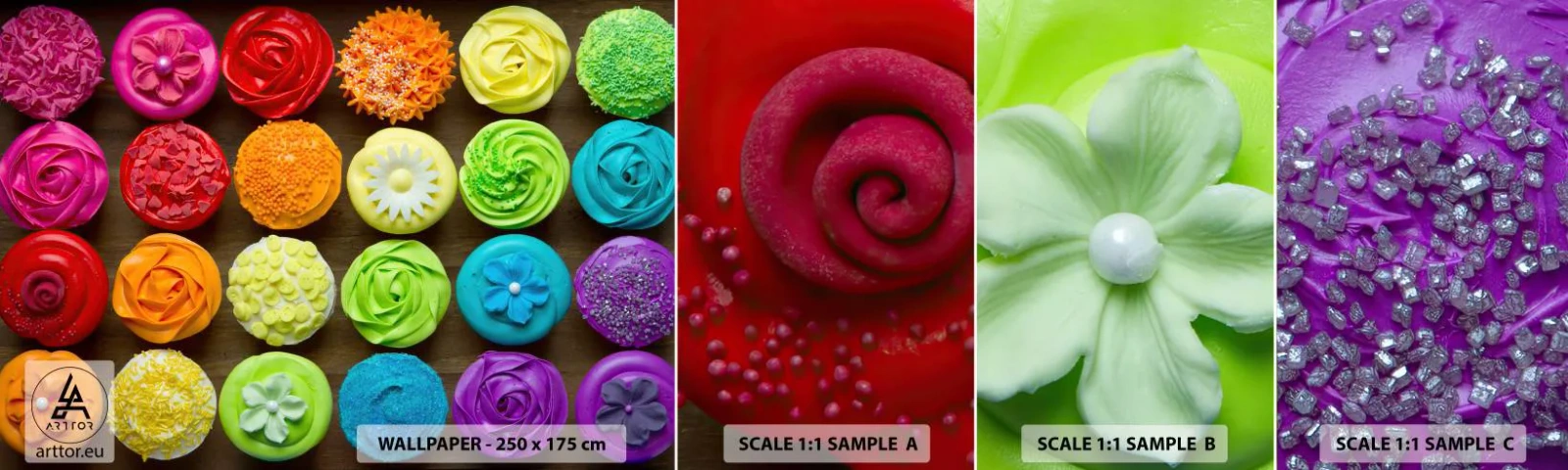 Photo Wallpaper Sample Standard Eco - All Different - All Delicious - Gastronomy, colourful cookies, 3D - 100x30 cm