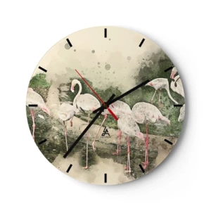 Wall clock - Clock on glass - A flock of flamingos in a peaceful, tropical setting - 30x30cm - Exotic Dream - Modern wall decoration for the living room, kitchen, and bedroom ARTTOR