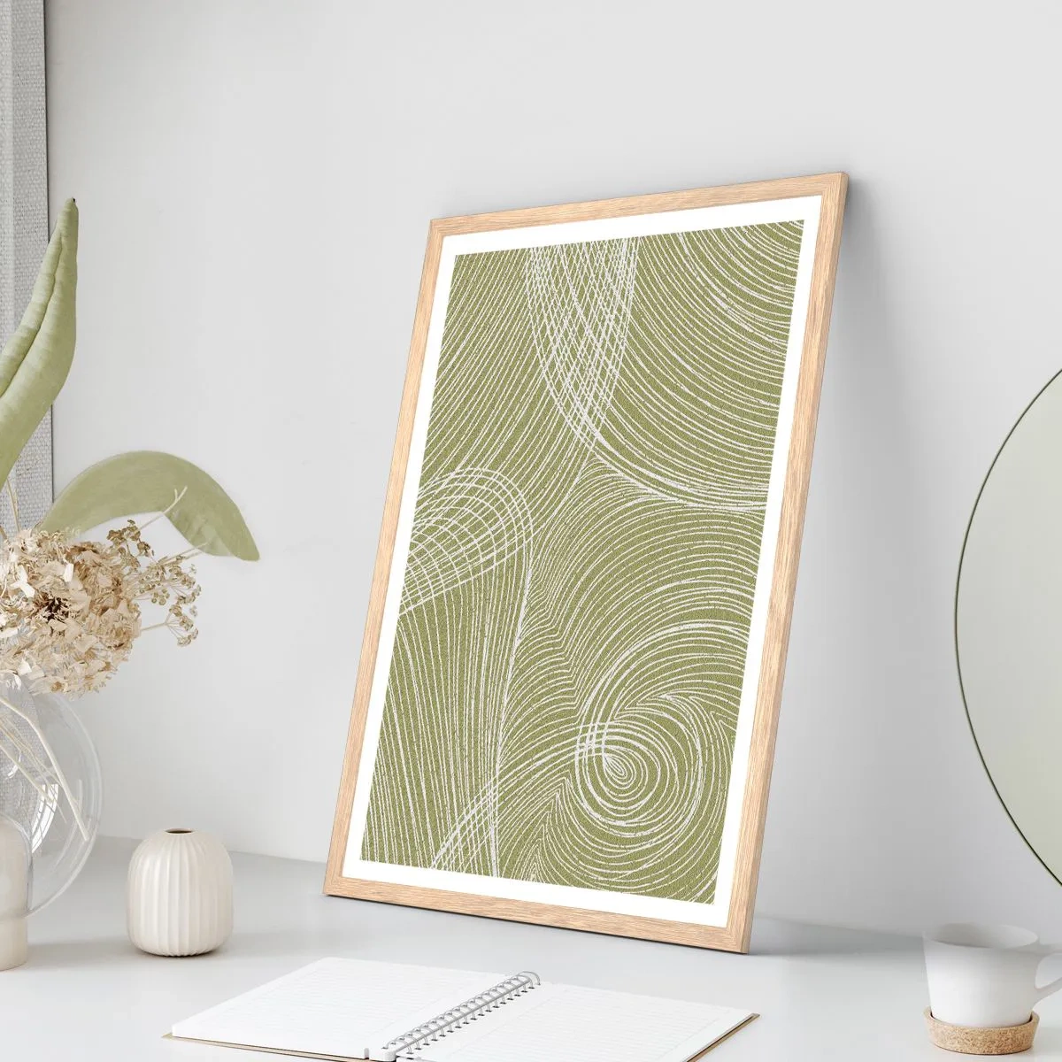 Poster in light oak frame - Intricate Abstract in White - 50x70 cm
