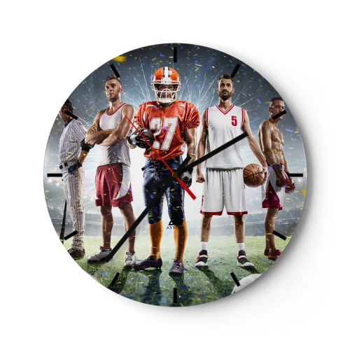Wall clock - Clock on glass - A group of athletes against the backdrop of a stadium lit by floodlights - 30x30cm - Gladiators of the Pitch - Modern wall decoration for the living room, kitchen, and bedroom ARTTOR