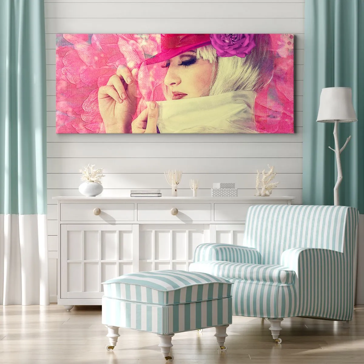 Canvas picture - Retro Portrait in Pink - 140x50 cm