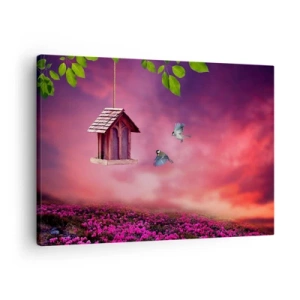Canvas picture - A picturesque landscape with a birdhouse and a sunset - 70x50cm - Invitation to Dinner - Modern wall decoration for the living room and bedroom ARTTOR