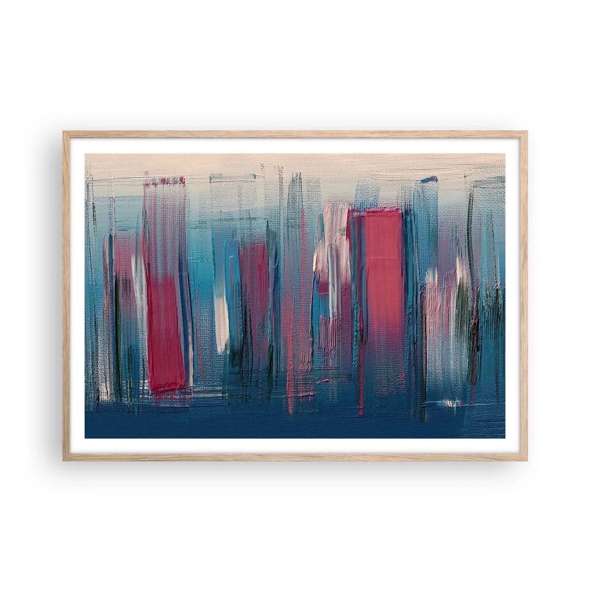 Poster in light oak frame - Vertical Composition In Blue And Red - 100x70 cm