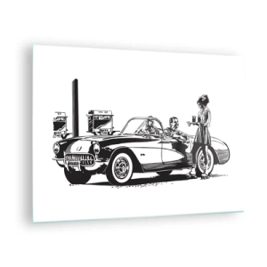Glass picture - Creative graphics with a classic car and characters - 70x50cm - Careless America in the 60-ies - Modern wall decoration for the living room and bedroom ARTTOR