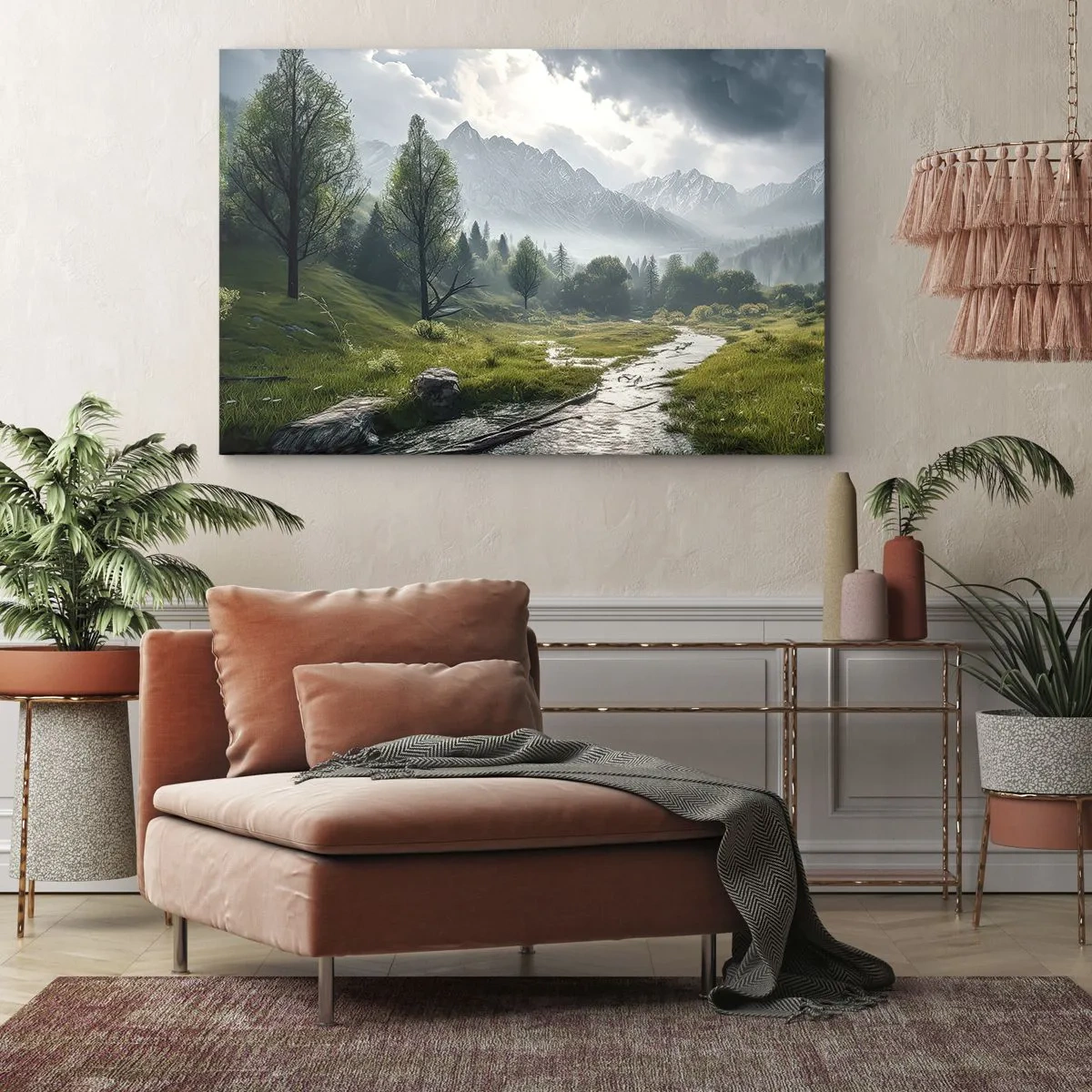 Canvas picture - A mountain landscape with a river and trees surrounded by misty mountains - 70x50cm - There And Back - Modern wall decoration for the living room and bedroom ARTTOR