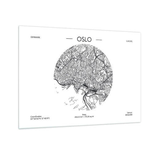 Glass picture - Oslo city map in black and white graphic style - 70x50cm - Anatomy of Oslo - Modern wall decoration for the living room and bedroom ARTTOR