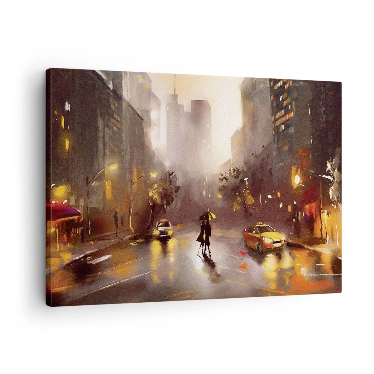 Canvas picture - An urban scene at night in the light of street lamps and reflections on a wet street. - 70x50cm - In New York Lights - Modern wall decoration for the living room and bedroom ARTTOR